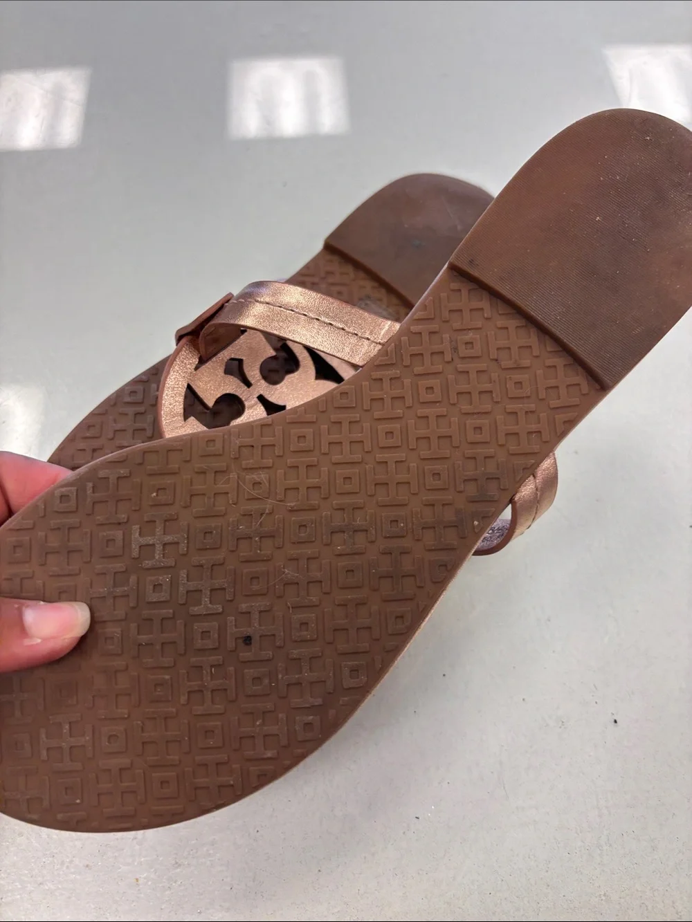 Tory Burch Rose Gold Leather Logo Sandals